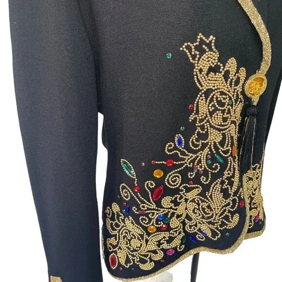 Diane Freis Vintage Womens Sweater Jacket Size M L Black Beaded Jeweled Wool